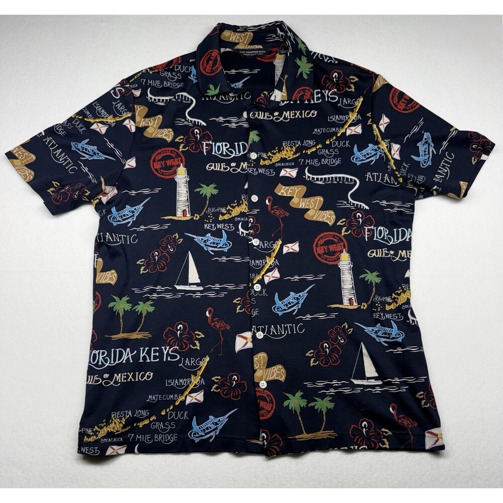 Hart Schaffner Marx Florida Keys Shirt Men’s L Navy Tropical Button Down Cotton